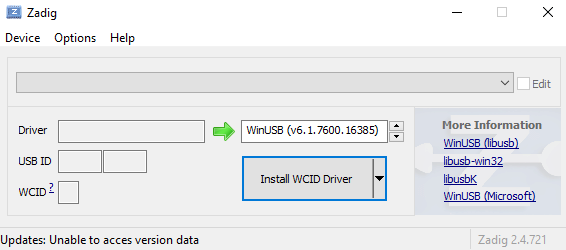 zadig driver installation froze